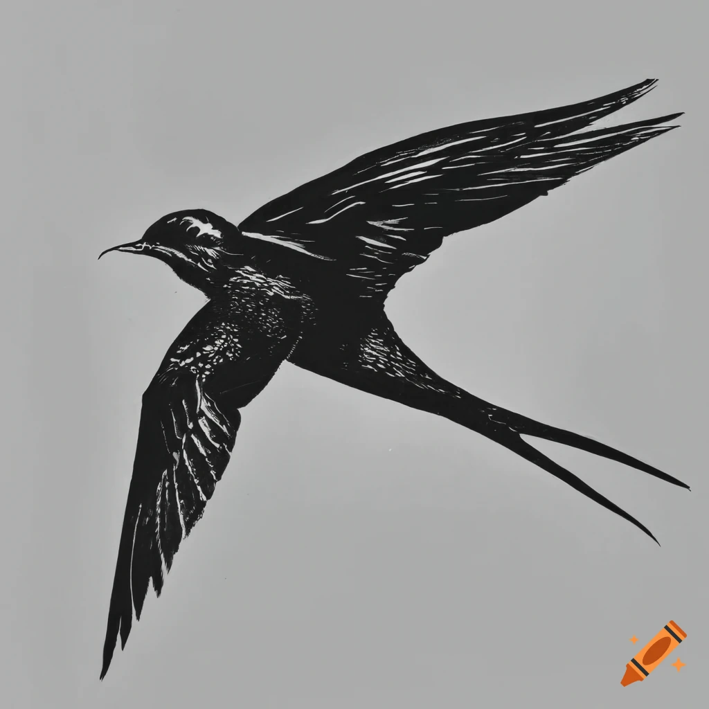 Linocut of a flying swallow from underneath
