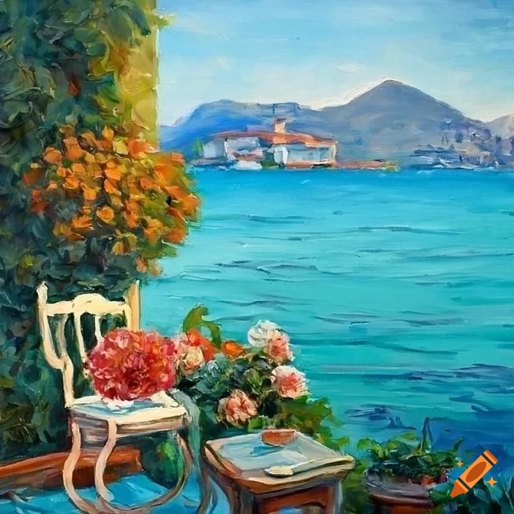 Cozy patio with beach view and floral arrangements overlooking Lago Maggiore
