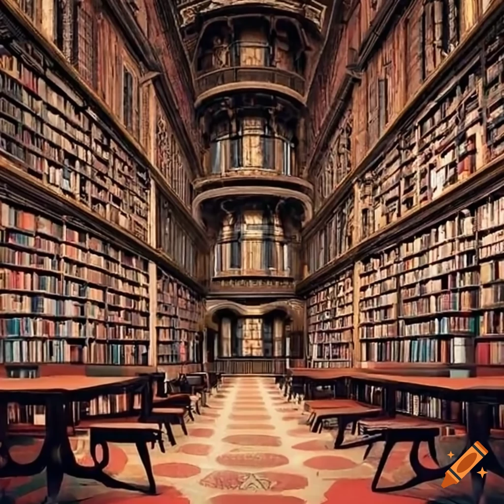 Old library with massive bookshelves and tables in the center