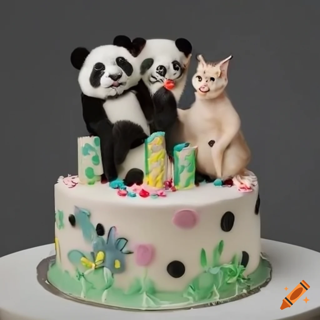 Panda and cat decorated birthday cake