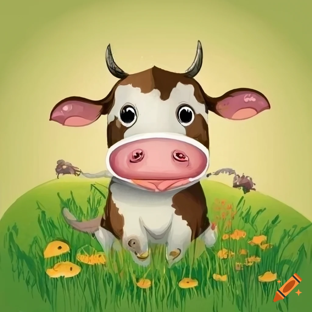 Cow in a meadow illustration for children's book