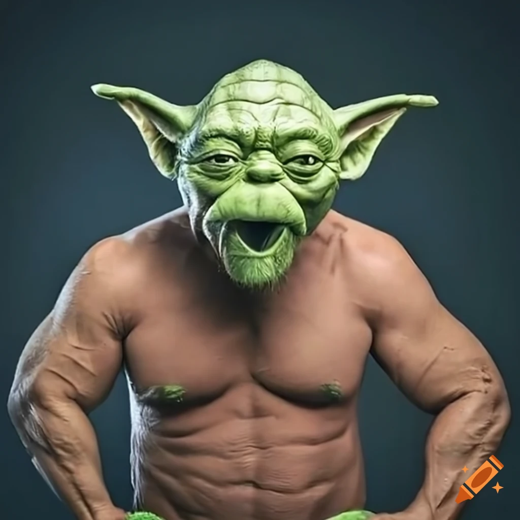 Yoda as a bodybuilder with a mustache on Craiyon