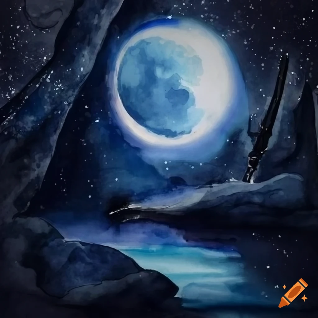 Watercolor painting of moonlight glinting off a sword in a dark rocky landscape