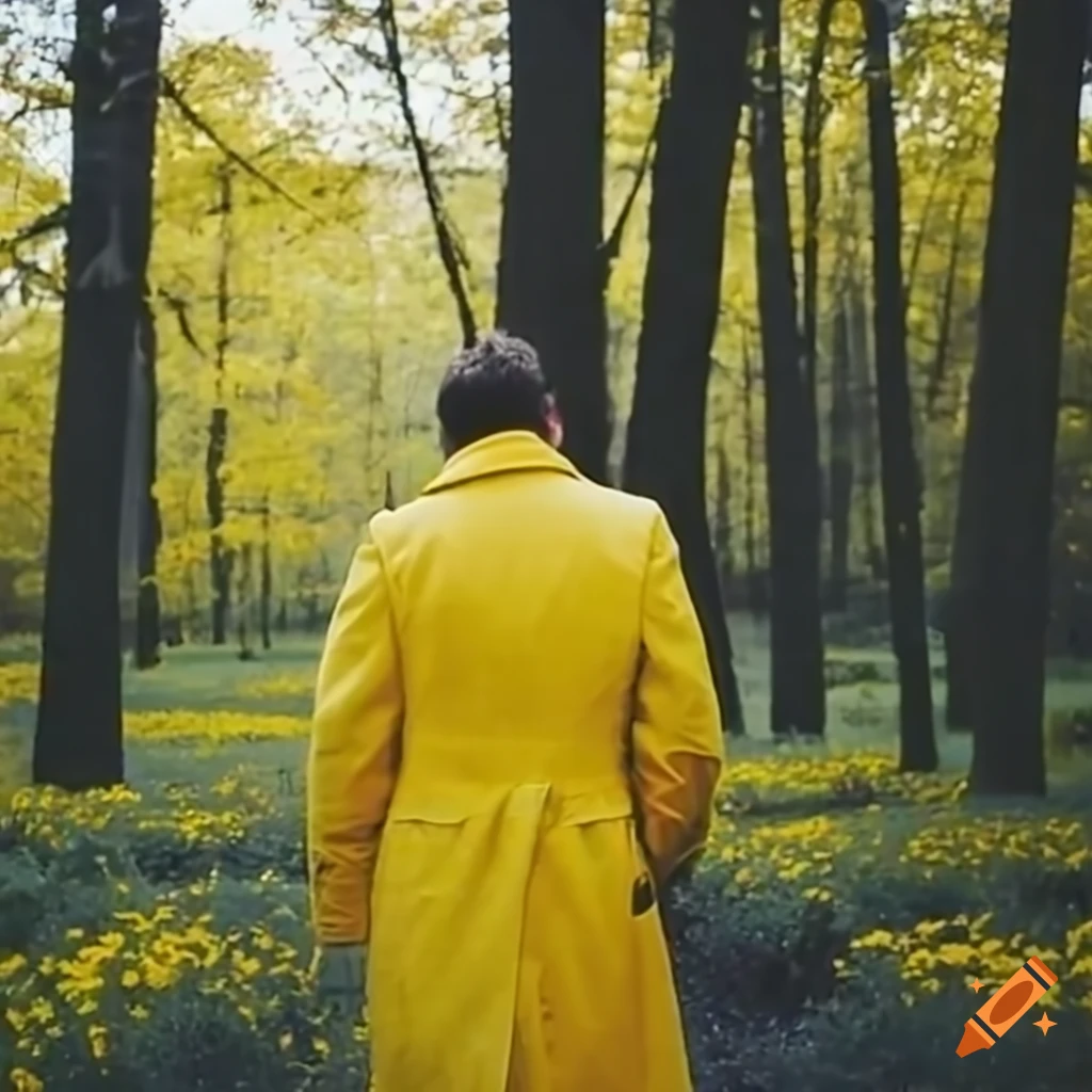 Man in yellow coat walking in dark forest of yellow flowers in VHS style