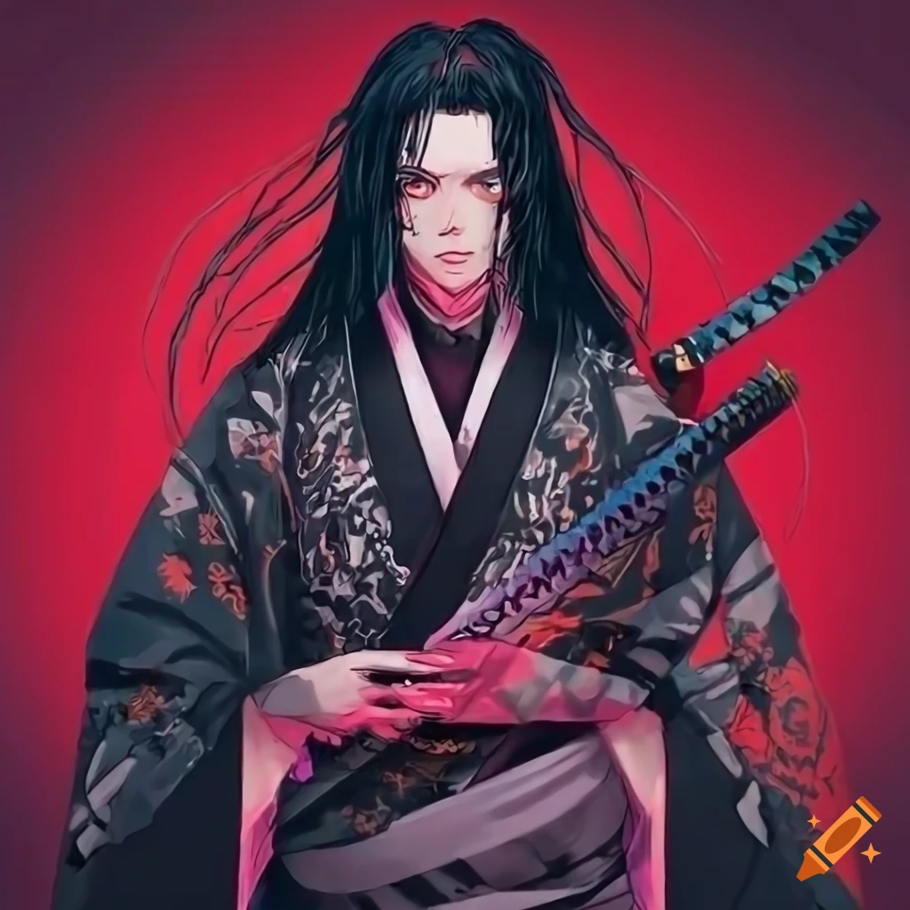 Cyberpunk man in black kimono with katana against red backdrop