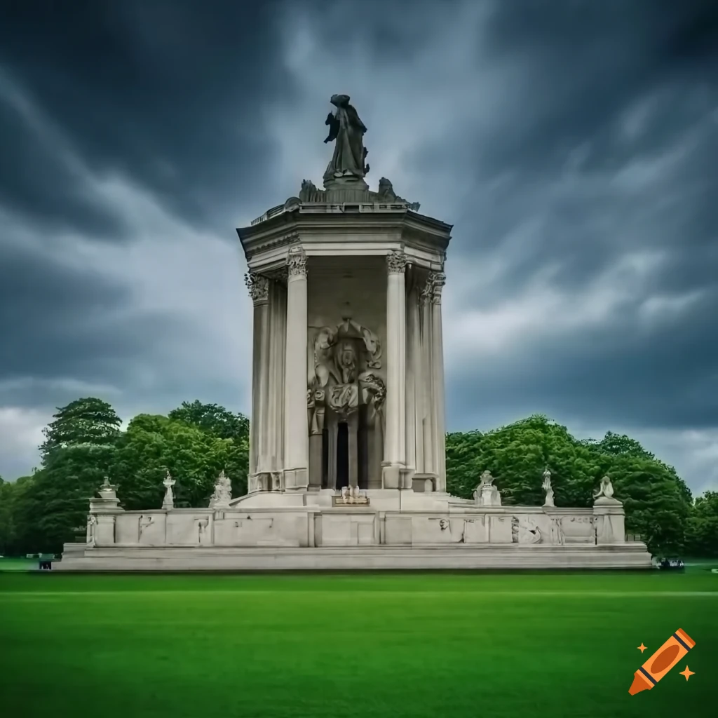 Symmetrical classical war memorial framed by a lush green park