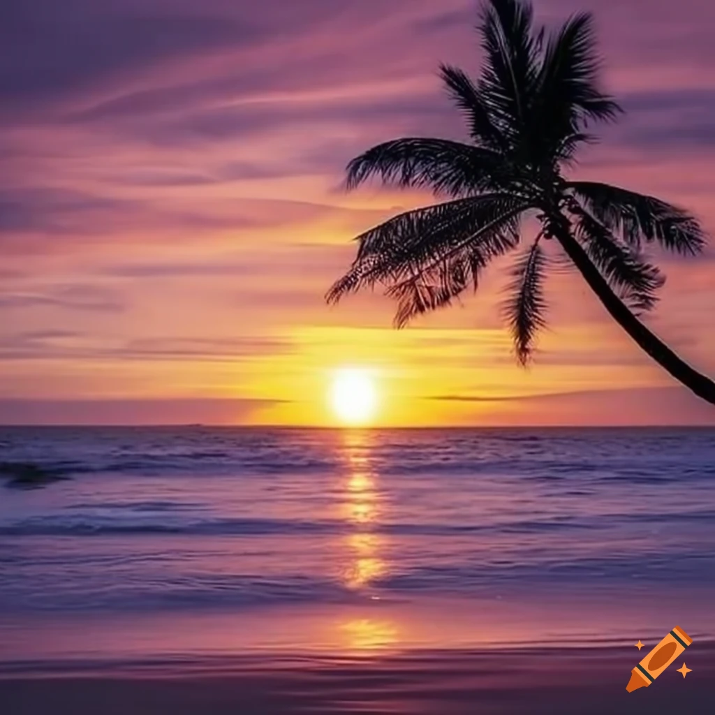 Stunning sunset on the beach with a palm tree on Craiyon