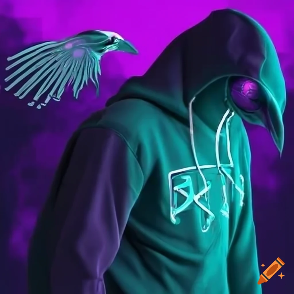 Cyberpunk hacker in raven hoodie with neon purple and teal colors