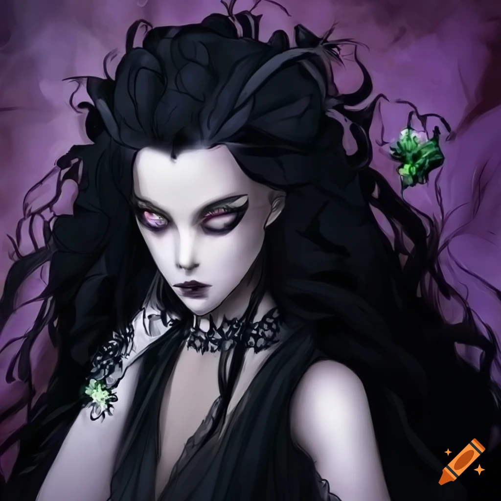 Death sorcerer with black twintail hair and dark shining eyes in an enchanted land