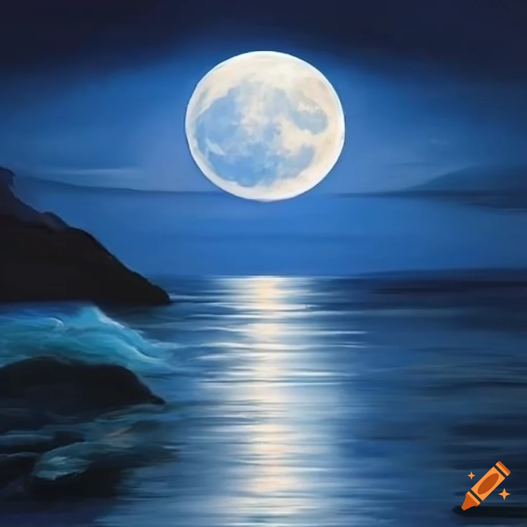 Full moon over a calm ocean with gentle moonlight reflection