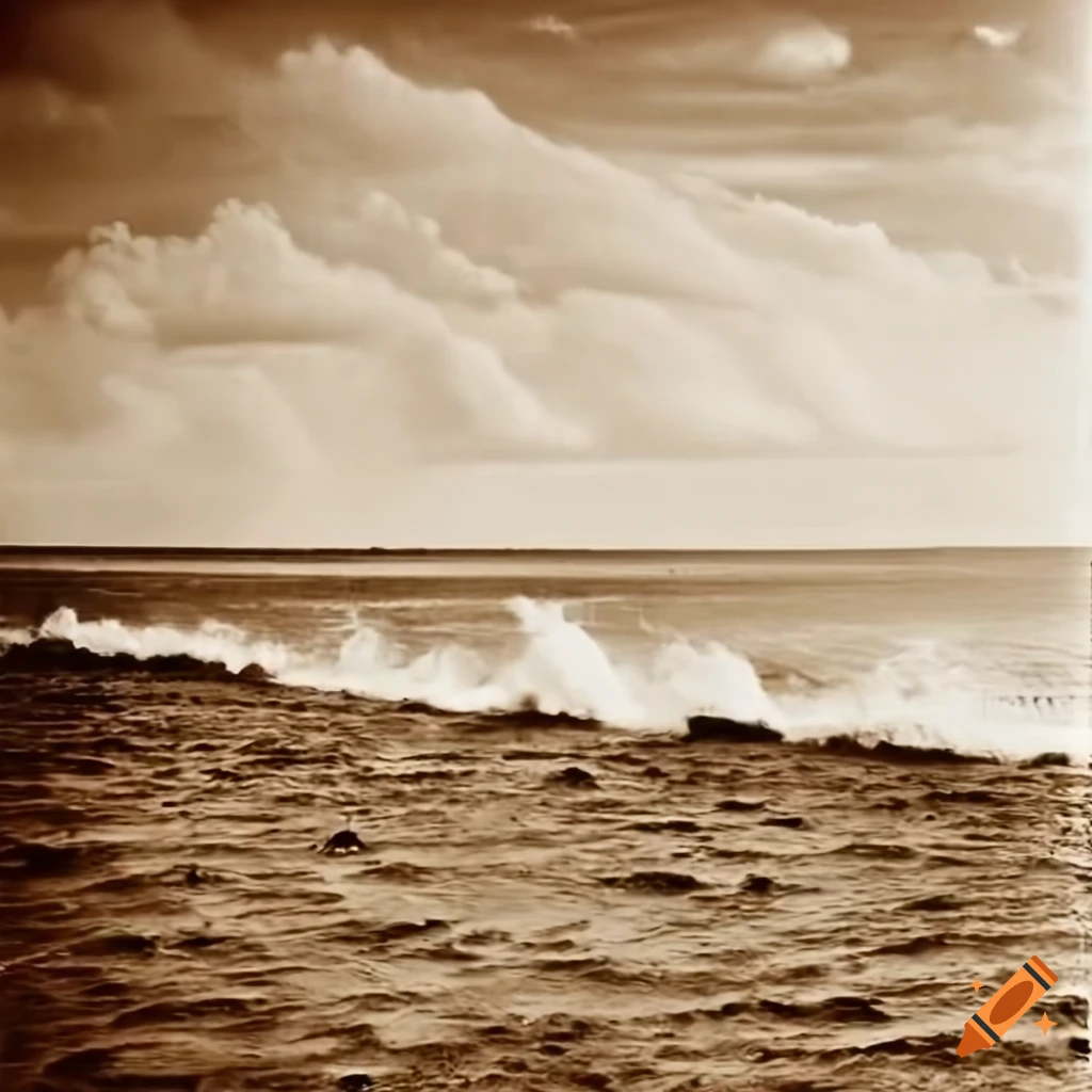 Sepia photograph of Galveston beach during the 1900 hurricane with ominous clouds and wall of water