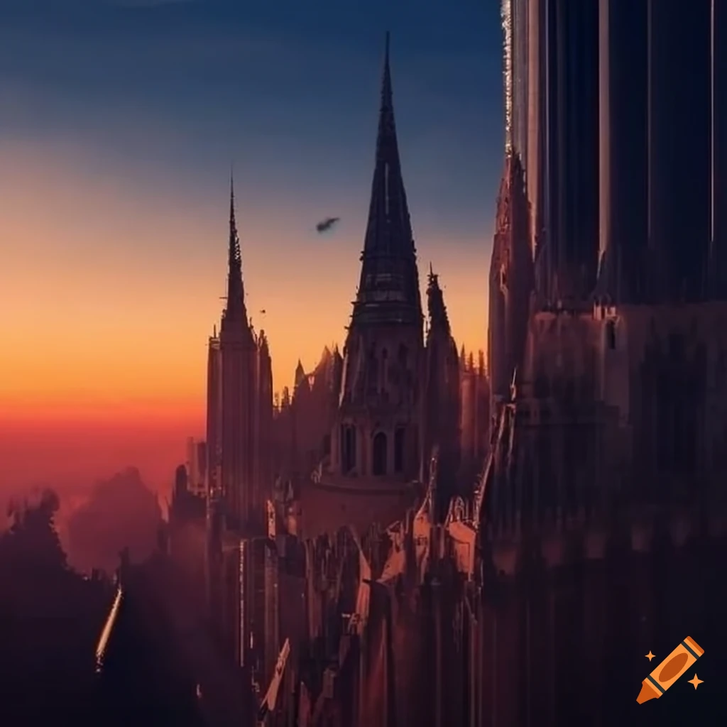 Futuristic gothic city with impressive structures at sunset on Craiyon