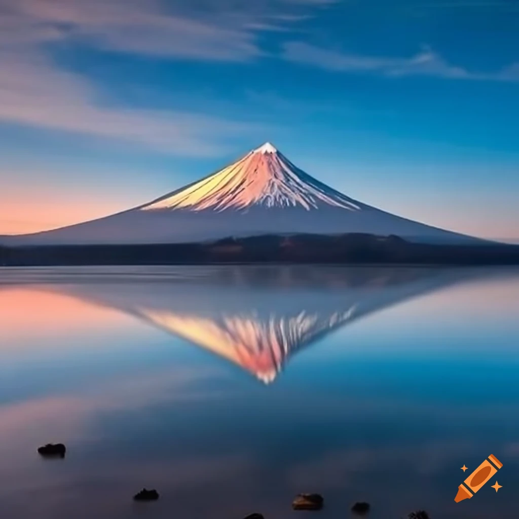 Mount Fuji reflected on a lake under a blue sky with thin clouds on Craiyon