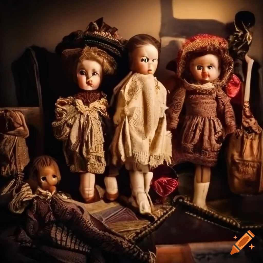 Collection of rare and antique dolls in a dimly lit room