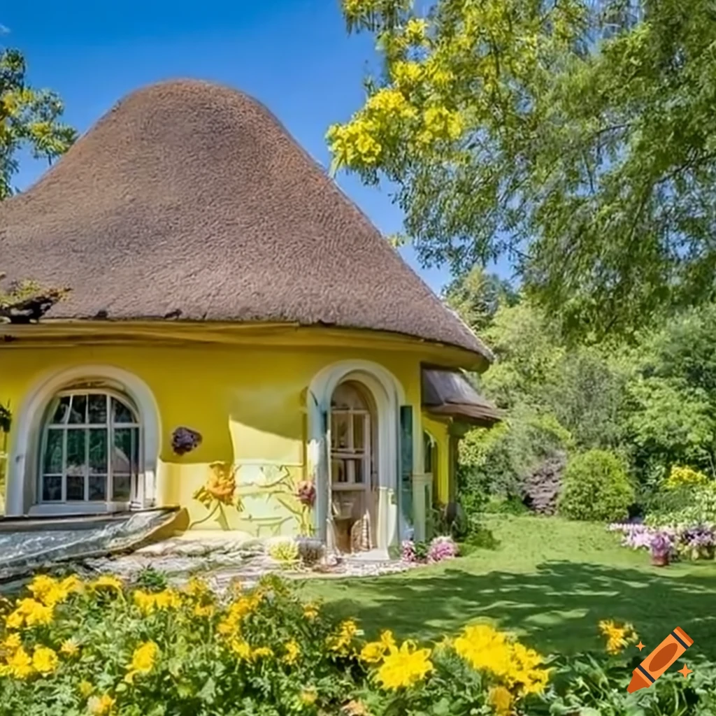 Enchanting fairy bedroom inside a sunny yellow mushroom mansion with yellow flowers