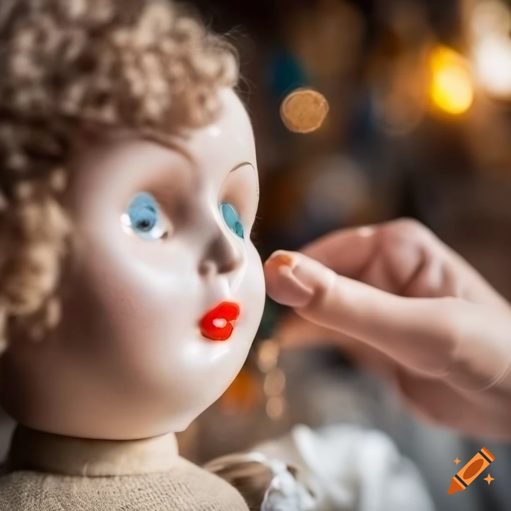 Curious woman examining an old porcelain doll at a garage sale