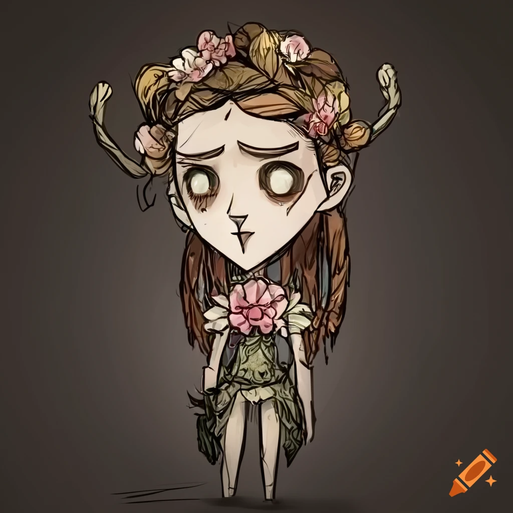 Female with braided hair and flower crown in don't starve style on Craiyon