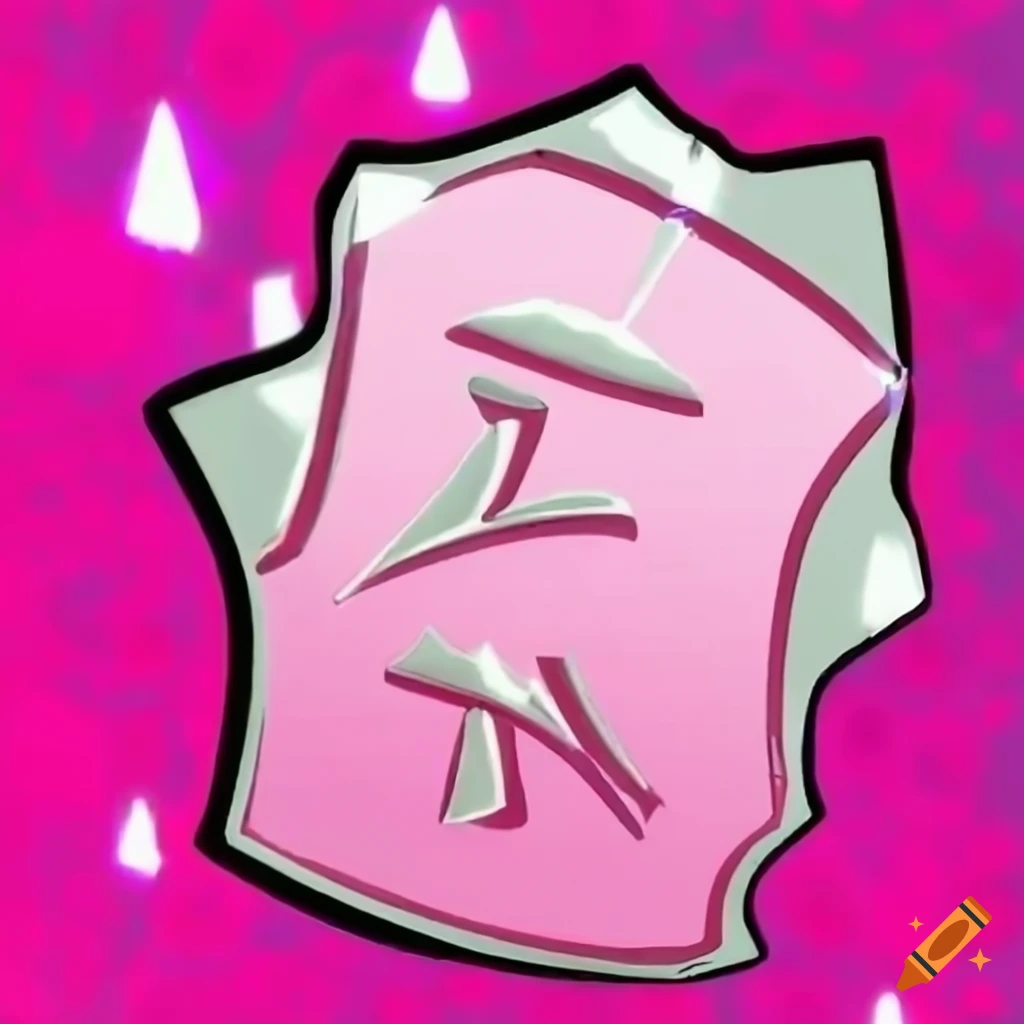 Shiny 3D pink diamond with Japanese text in anime style