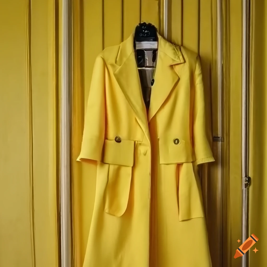 Yellow elegant coat on a rack against a yellow wall