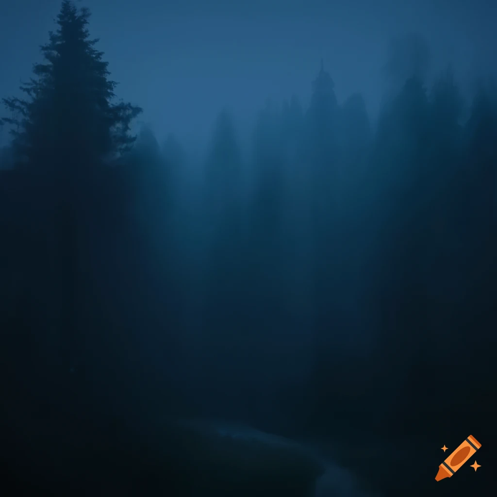 Night landscape with full moon illuminating foggy forest