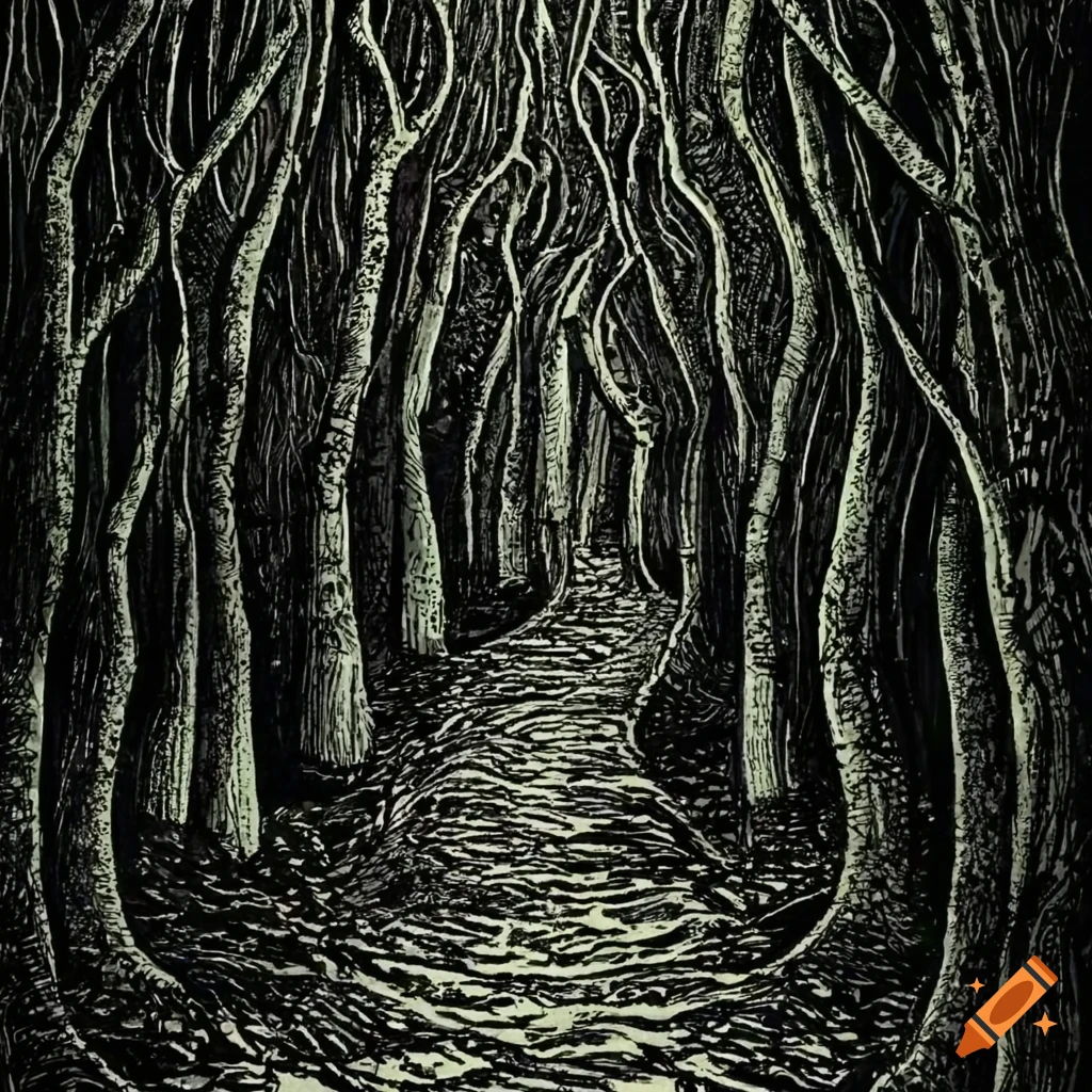 Creepy Landshark peering through forest branches in Edward Gorey and Junji Ito style ink art