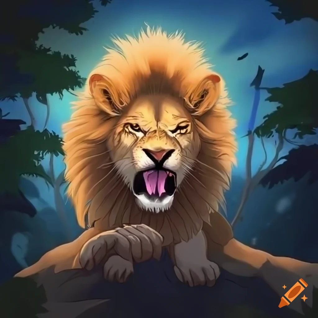 Roaring lion on a hill in a fantasy jungle under a half moon