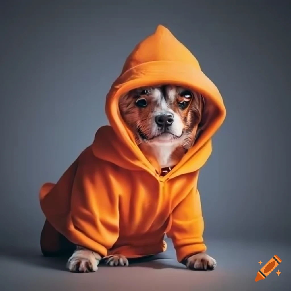 Unique orange-furred dog wearing a hoodie with bitcoin logo on Craiyon