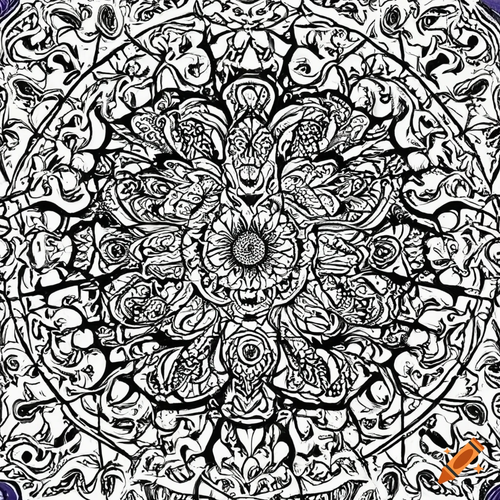 Black and white mandala lines for coloring with magic mushrooms