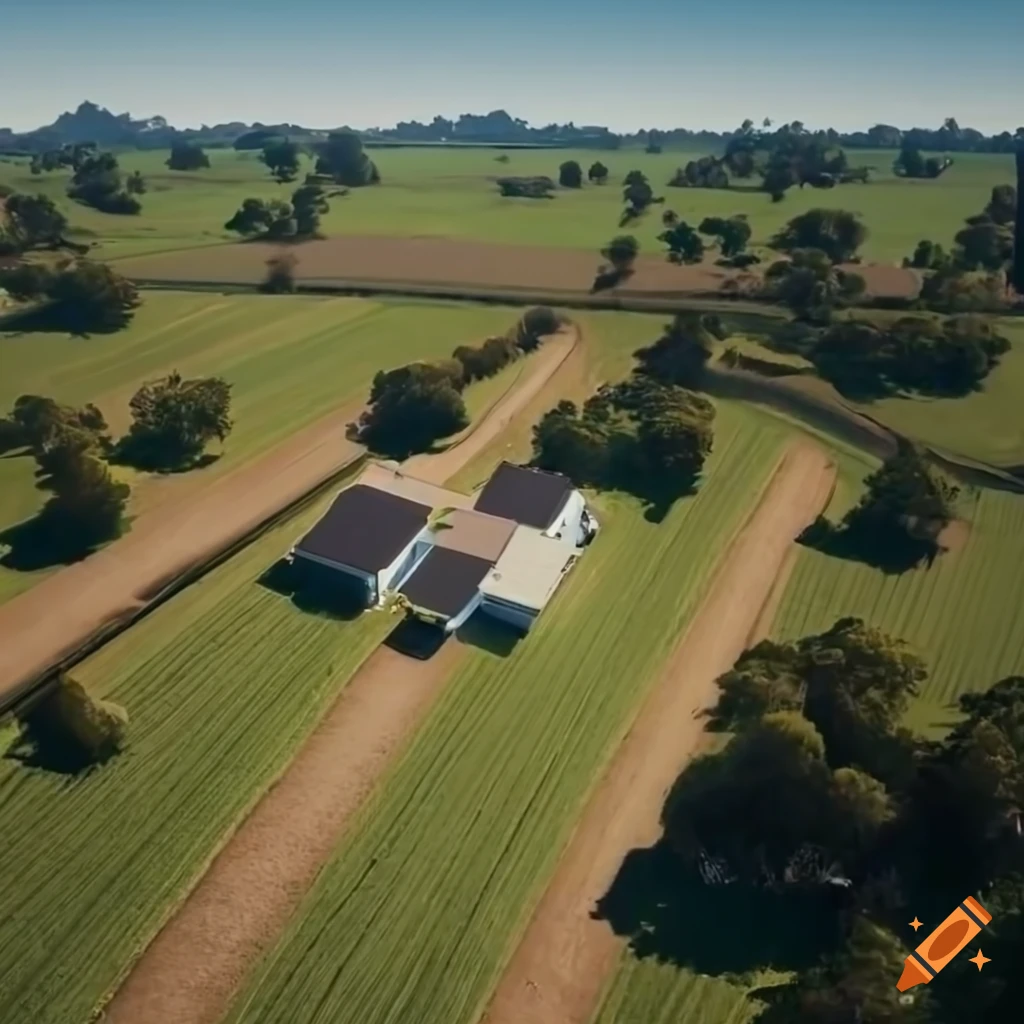 Breathtaking aerial view of technologically advanced Australian countryside with white houses and greenery under clear blue sky