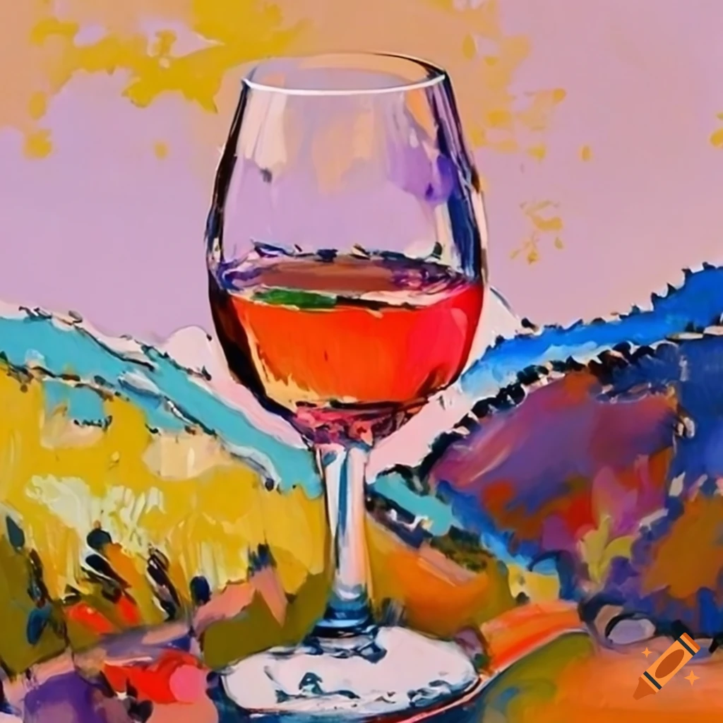 Wine glass on rustic wood table in mountain landscape with fauvism brush strokes
