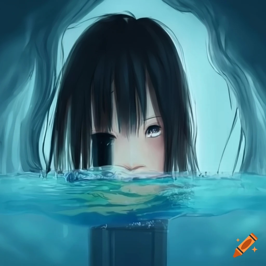 Chihiro drowning in ocean with a door above in a dreamy and dark scene