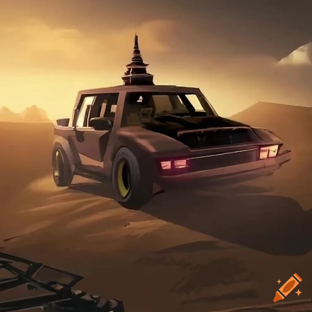 Dark moving temple car driving through a wasteland at high speed