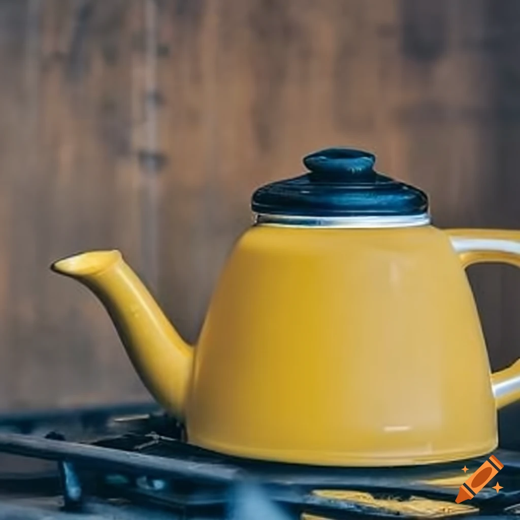 Yellow kettle on a stove, professionally captured on Craiyon