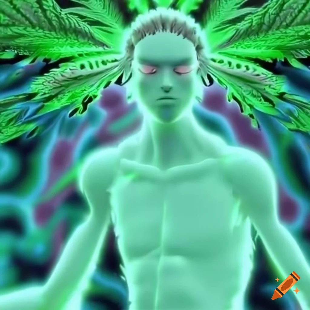 Hybrid man/cannabis plant character in 3D optical illusion