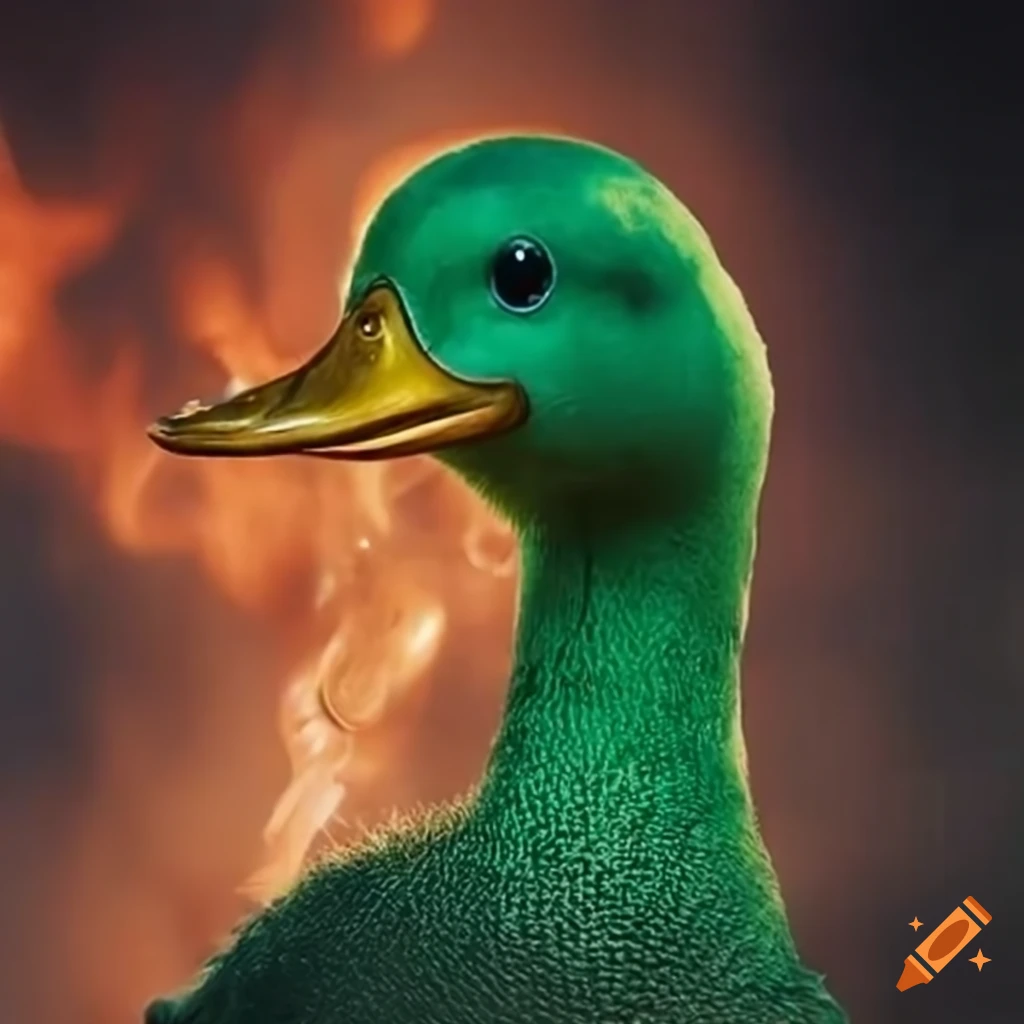 Dramatic movie poster of green to brown toy duck in fiery explosions