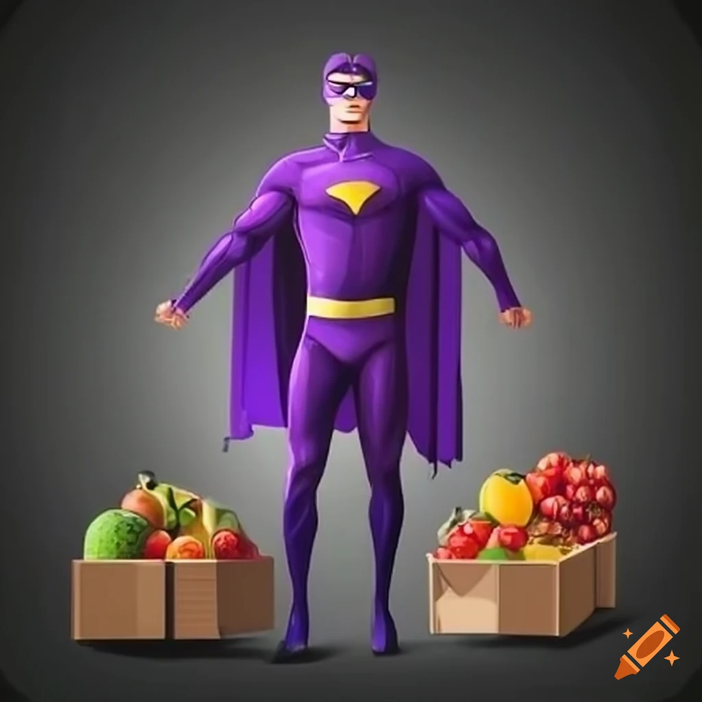 Purple superhero with a box of vitamin B-rich foods