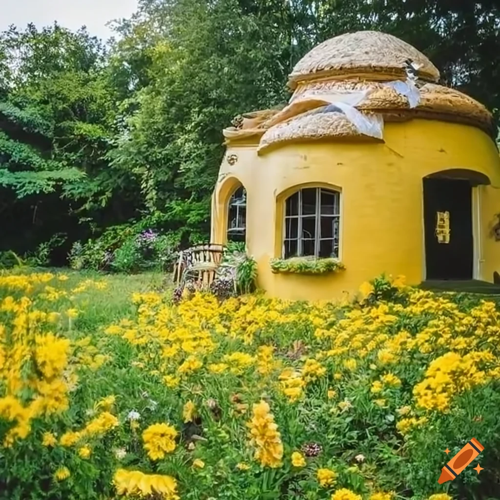 Enchanting fairy bedroom in a yellow mushroom mansion with yellow flowers and foliage