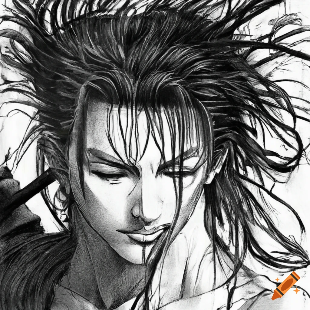 Musashi Miyamoto meditating in manga black and white style
