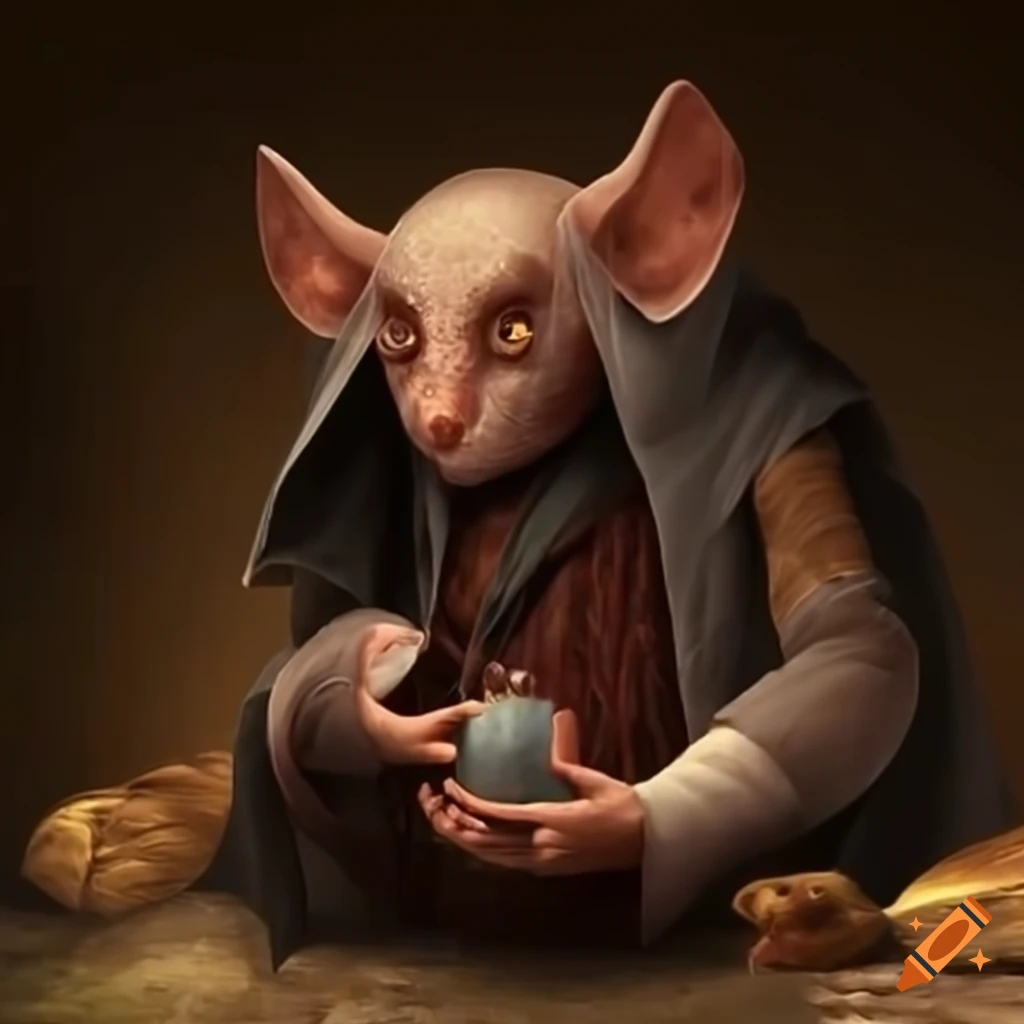 Cunning mouse sorcerer sells magical stone to villager in medieval marketplace