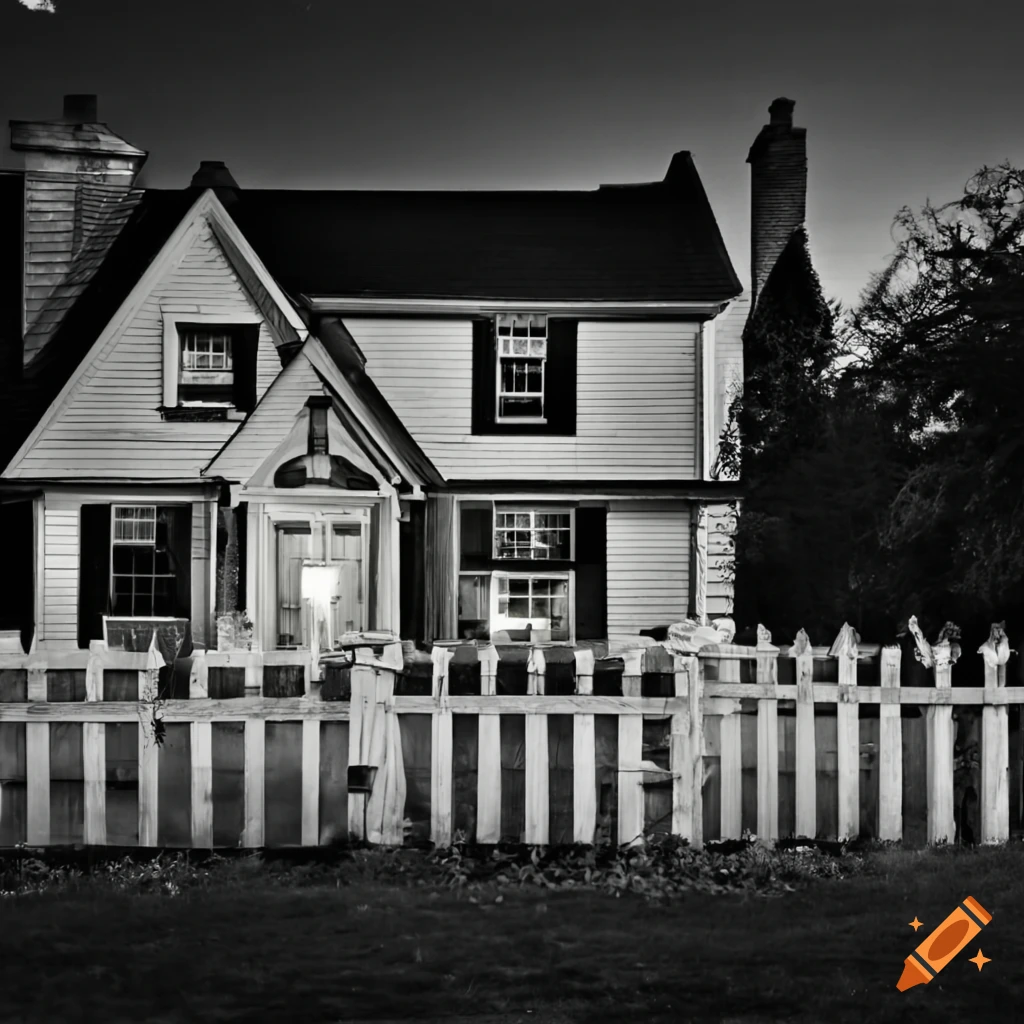 Elegant 1950s house with picket fence illuminated by moonlight