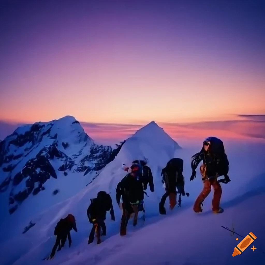Alpinists as a rope team on a snowy mountain ridge at dawn on Craiyon