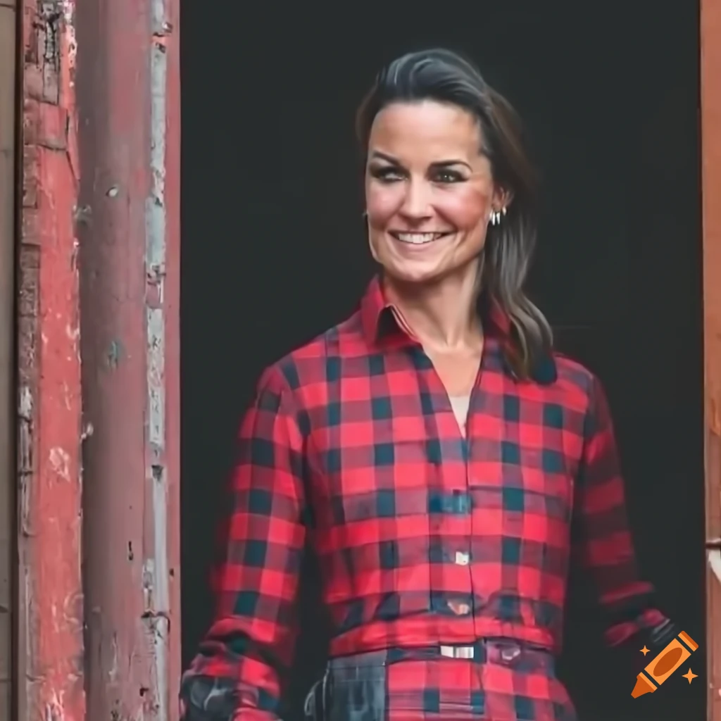 Young woman in red plaid shirt and black leather trousers peeking through a derelict building door
