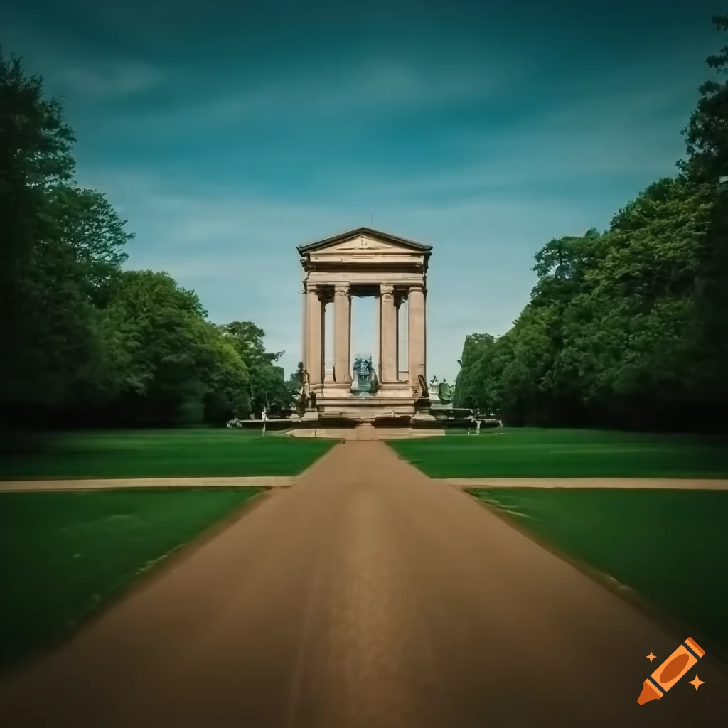 Symmetrical classical war memorial in a lush green park
