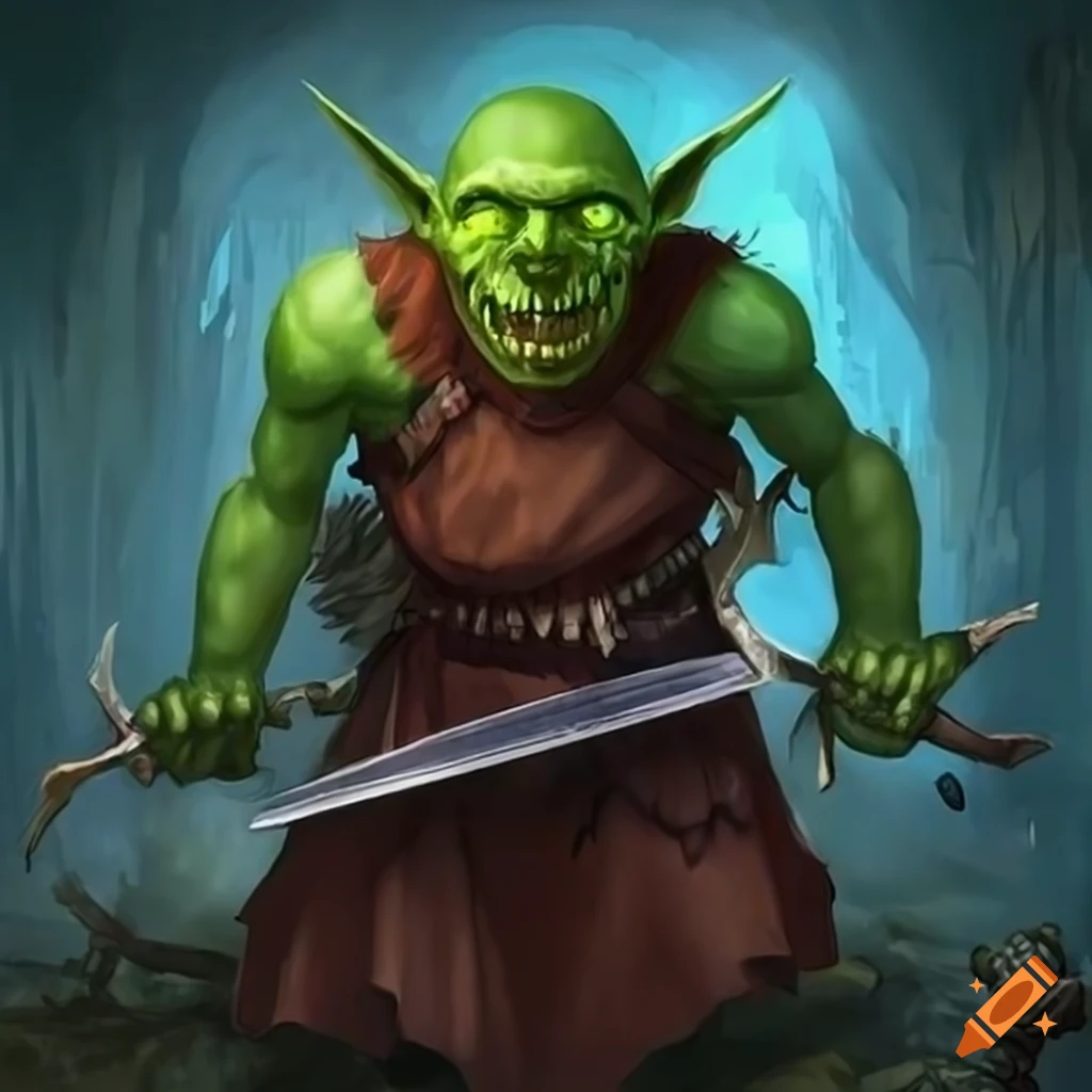 Detailed depiction of a goblin with eight swords