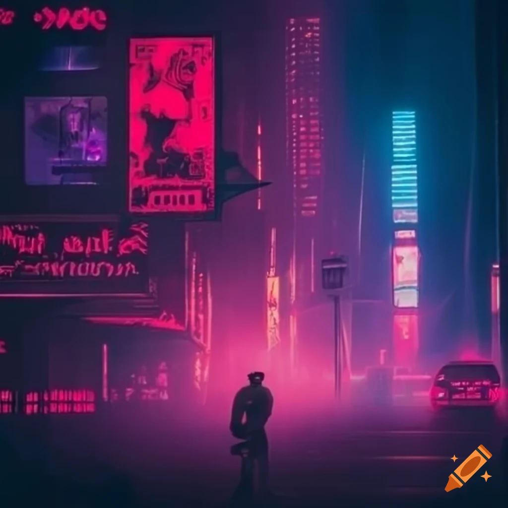 Blade runner cityscape with neon lights in foggy atmosphere on Craiyon