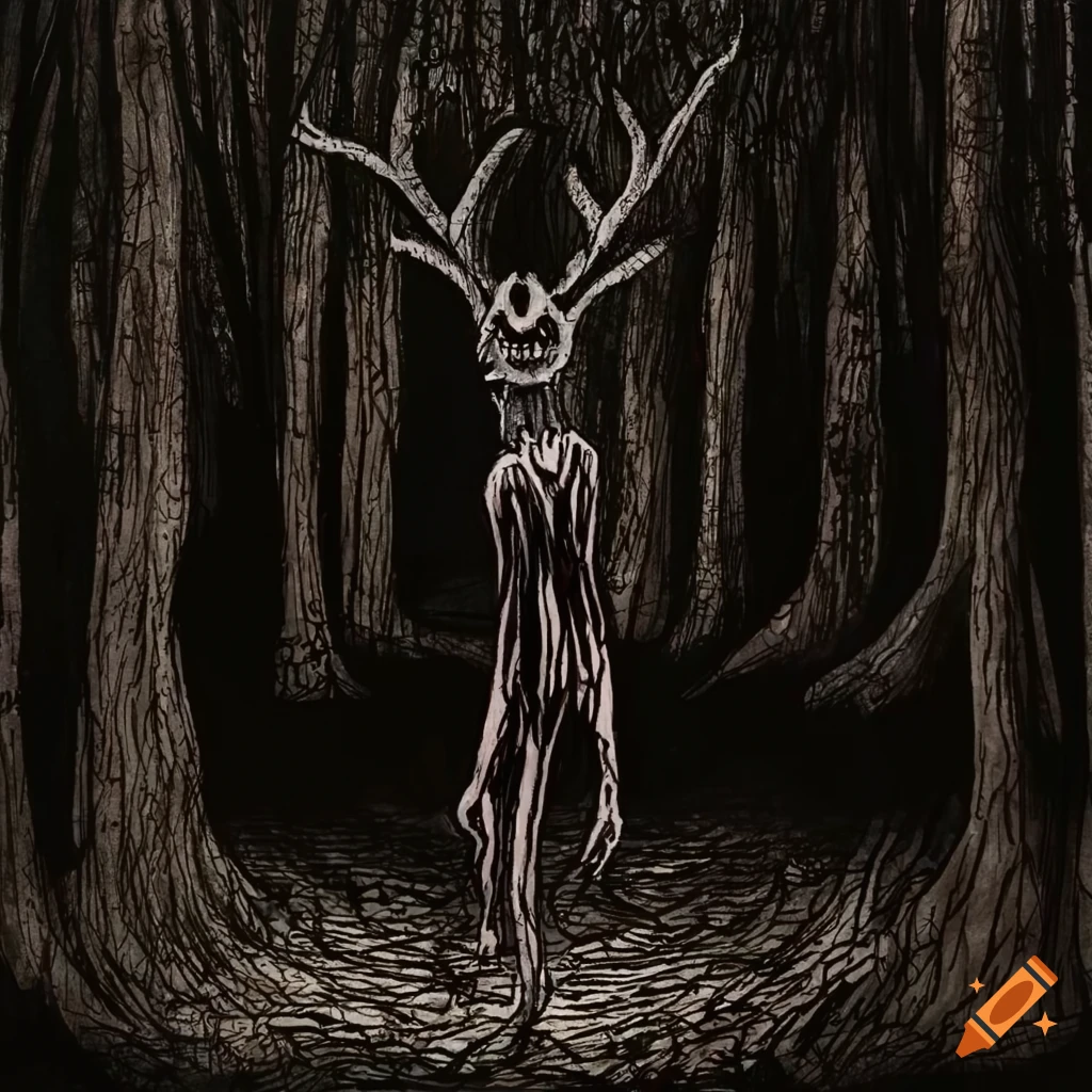 Strange wendigo/skinwalker peering through forest branches in Edward Gorey and Junji Ito style