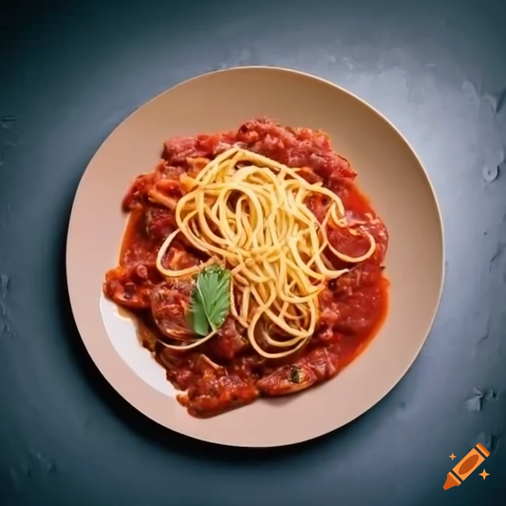 Spaghetti marinara on a paper plate on a metal table