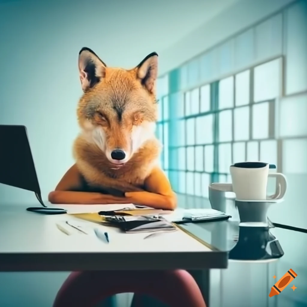 Wolves collaborating at a meeting table in a modern office setting
