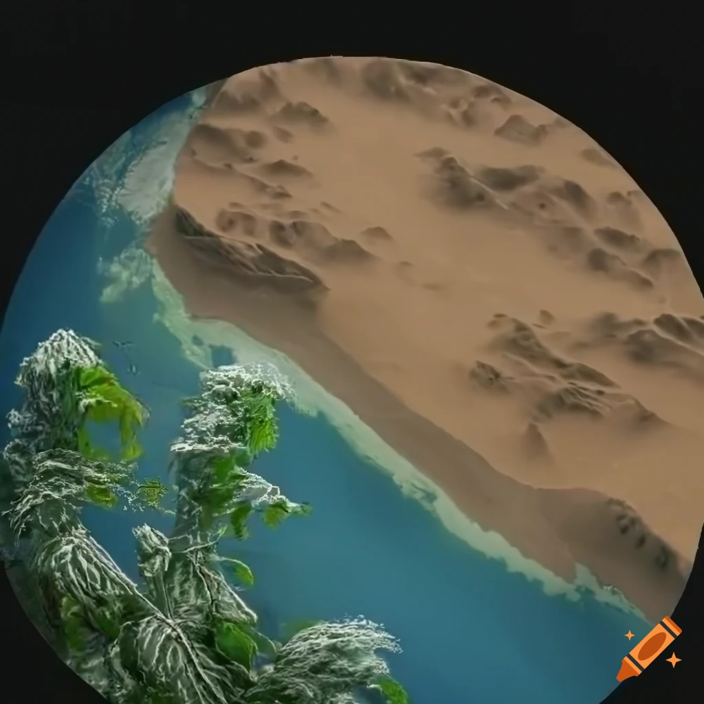 Half of Earth with lush greenery versus barren desert landscape