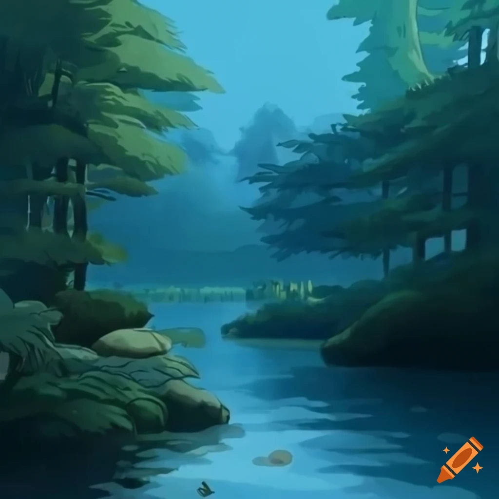 Forest and lake scene in Studio Ghibli style